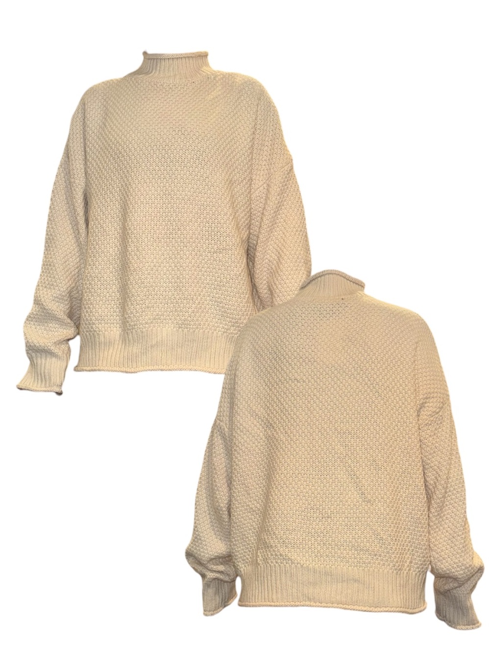 Cream Textured Knit Sweater - Relaxed Mock Neck